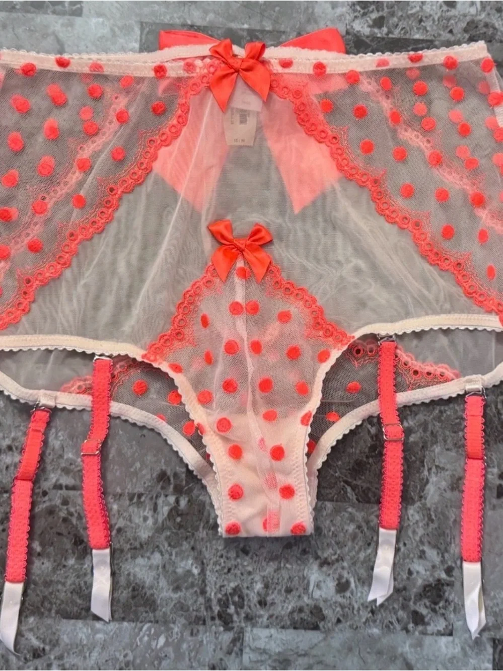 2001 VS neon coral polka dot garter panties